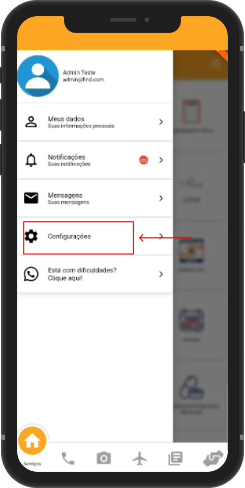 Opção Configurações no menu lateral