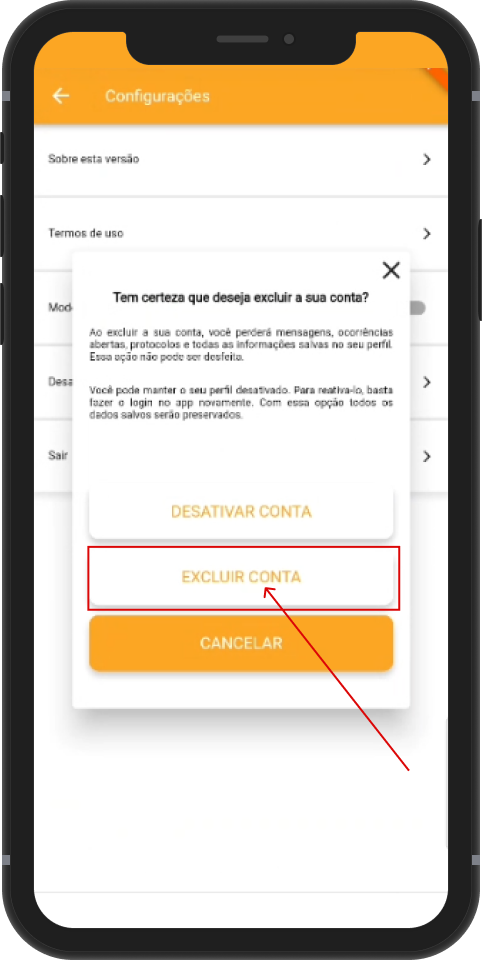Opção Excluir conta